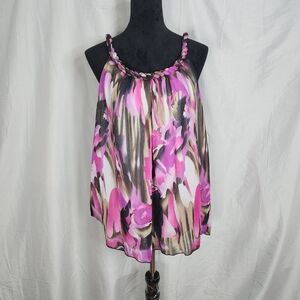 New CATO Size XL  Braided Sleeveless Abstract Pink Brown Print Chiffon Boho Tank